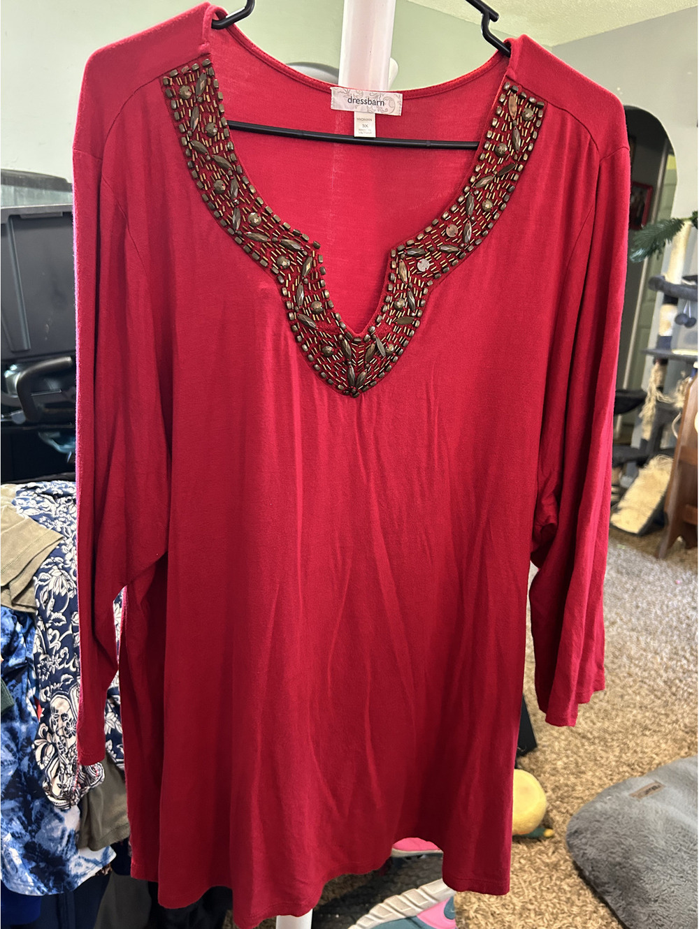 Dressbarn Women's 3X Red Beaded V-Neck Top